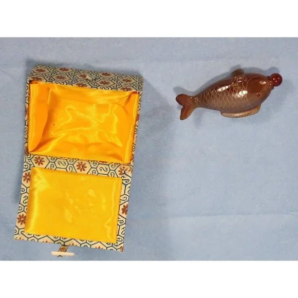 Koi Fish Hand Carved Snuff Bottle Chinese Antique with Storage Box